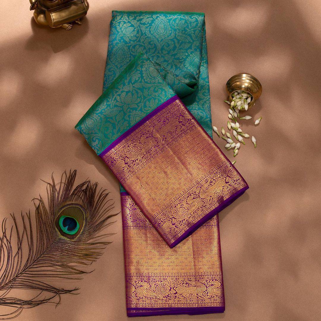 "Divine Twilight: Sky Blue and Purple Gold Border Soft Silk Saree"