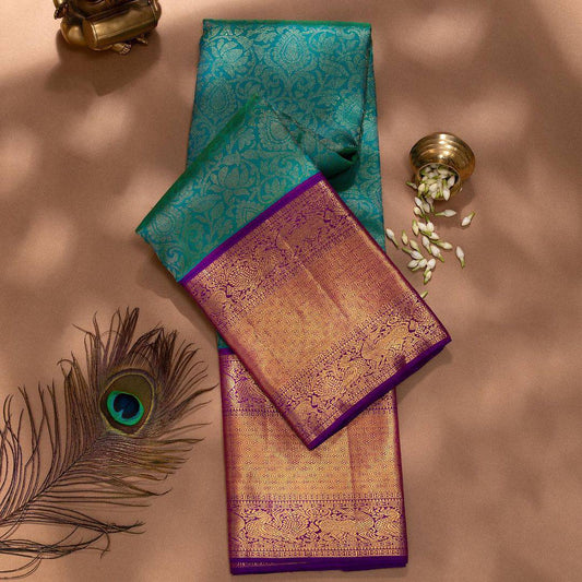 "Divine Twilight: Sky Blue and Purple Gold Border Soft Silk Saree"