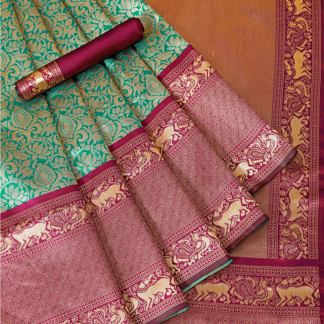 "Divine Twilight: Sky Blue and Purple Gold Border Soft Silk Saree"