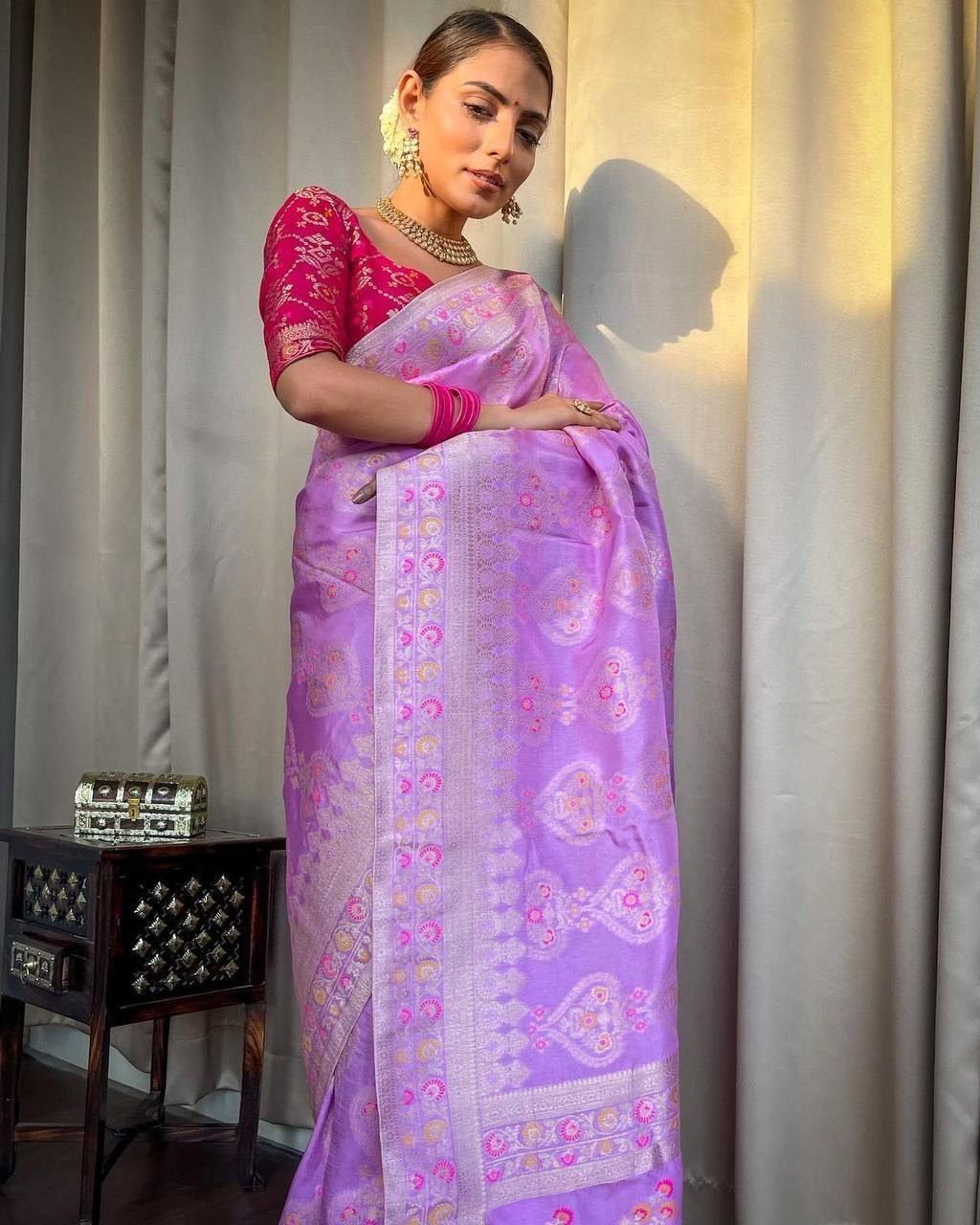 "Twilight Blossom: The Ethereal Lavender and Pink Saree"