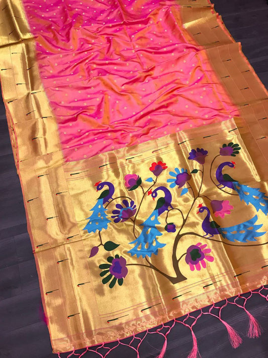 "Floral Symphony: The Exquisite Pink Paithani Silk Saree"