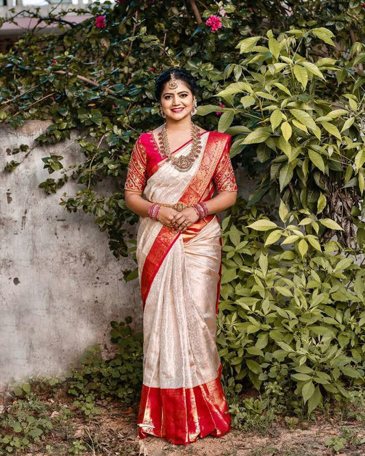 "Regal Rose: The Stunning Cream and Red Silk Drape Saree"