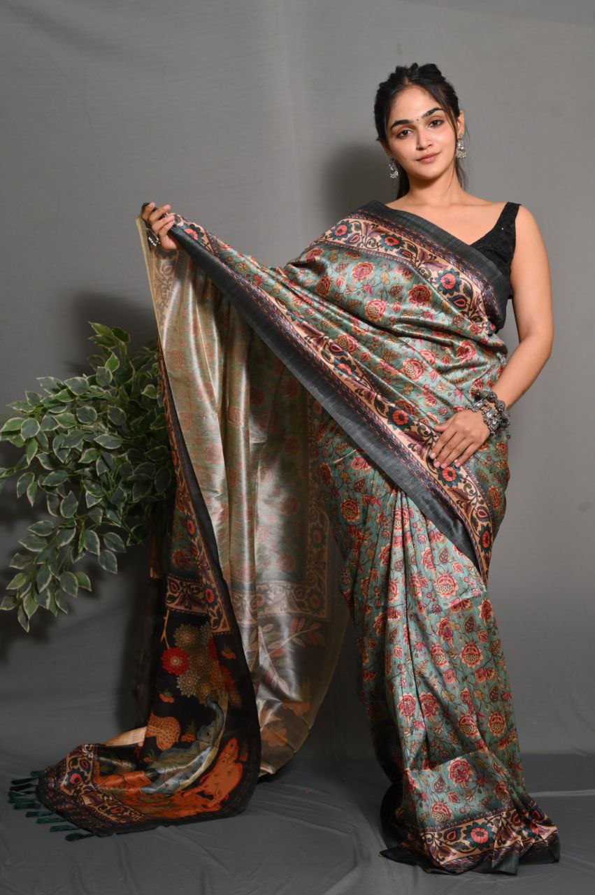 "Garden Reverie: The Charming Green Saree"