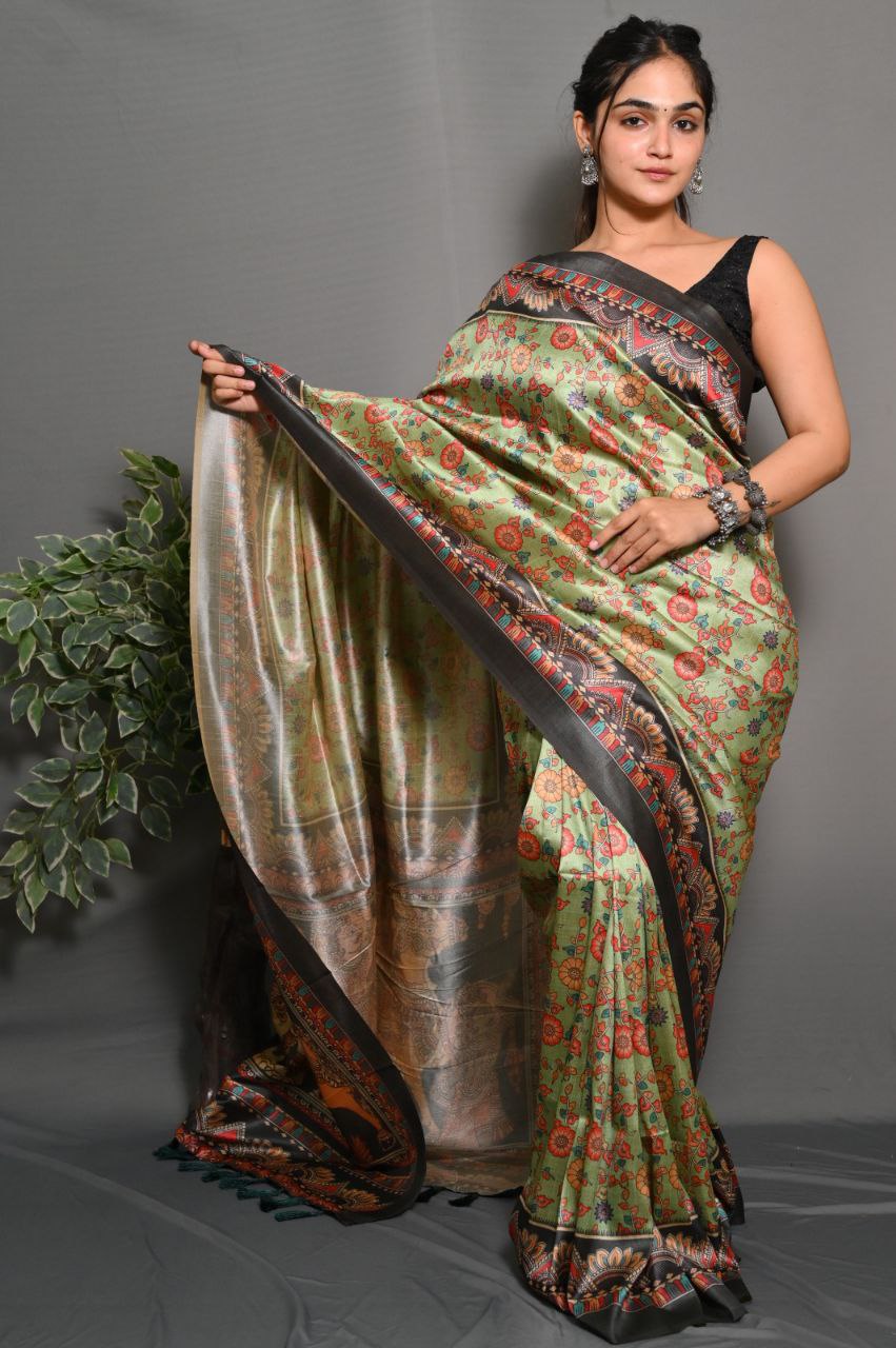 "Garden Reverie: The Charming Green Saree"