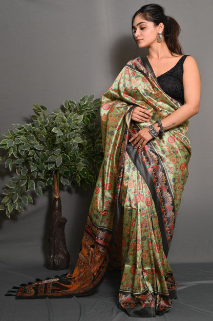 "Garden Reverie: The Charming Green Saree"