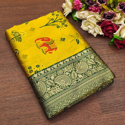 "Emerald Tusk: The Opulent Mustard Saree"