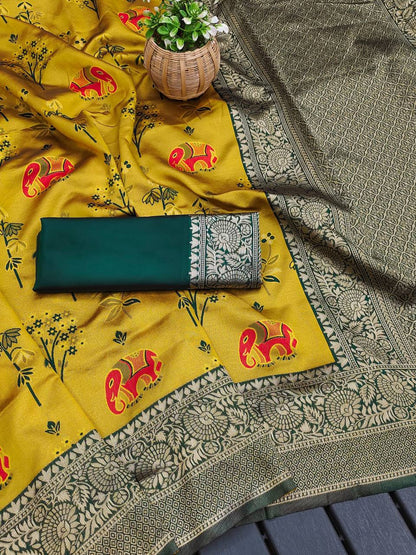 "Emerald Tusk: The Opulent Mustard Saree"