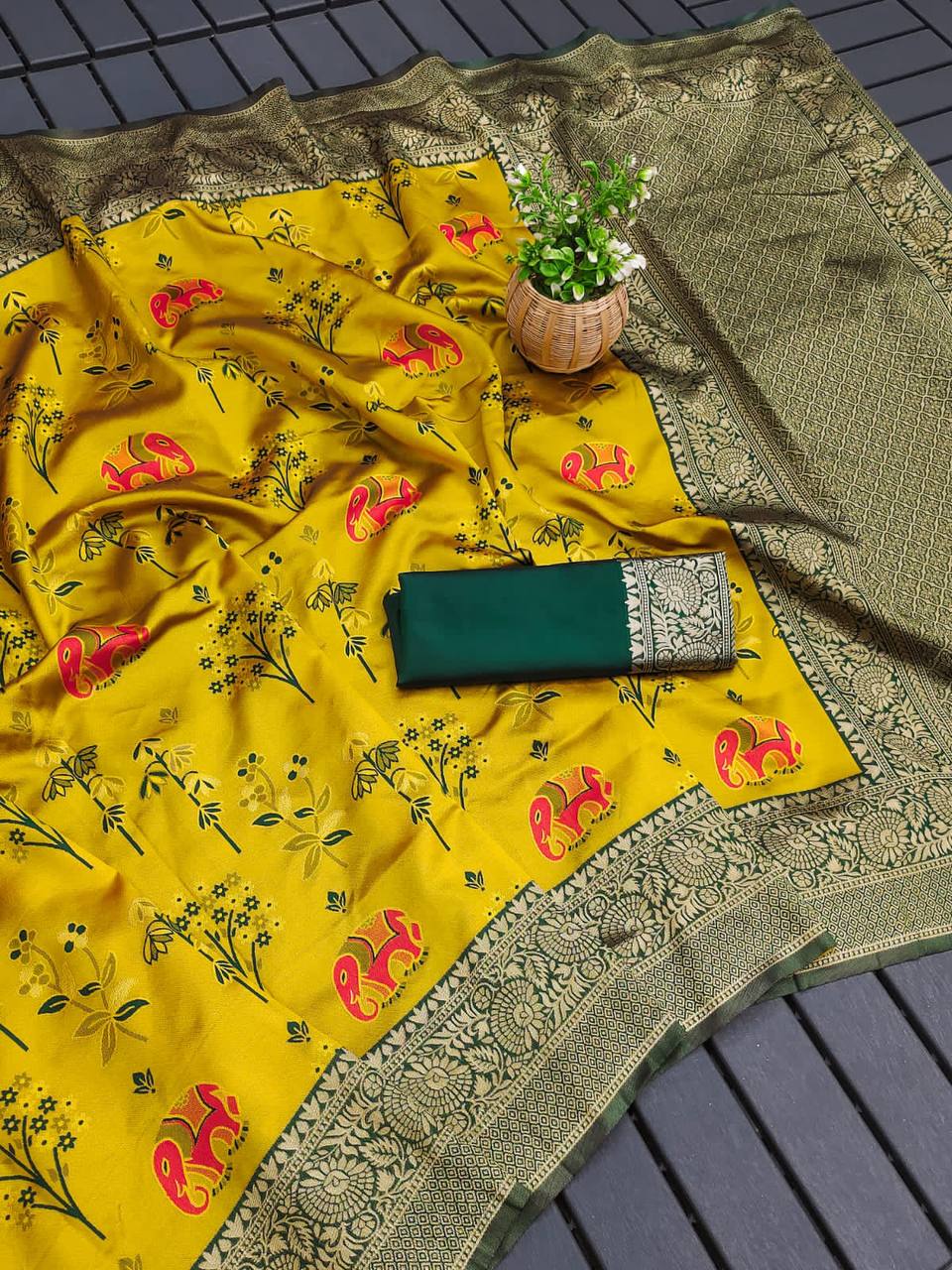 "Emerald Tusk: The Opulent Mustard Saree"