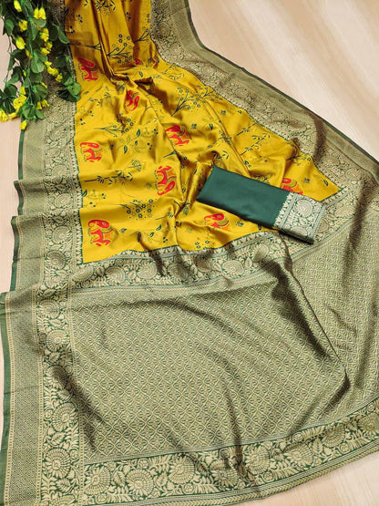 "Emerald Tusk: The Opulent Mustard Saree"