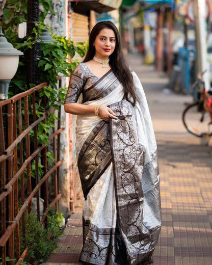 "Chic Contrast: The White and Black Border Silk Saree"