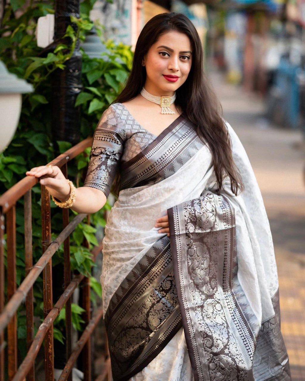 "Chic Contrast: The White and Black Border Silk Saree"