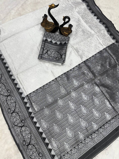 "Chic Contrast: The White and Black Border Silk Saree"