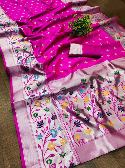 "Gleaming Twilight: The Black Paithani Saree with Vibrant Blooms."