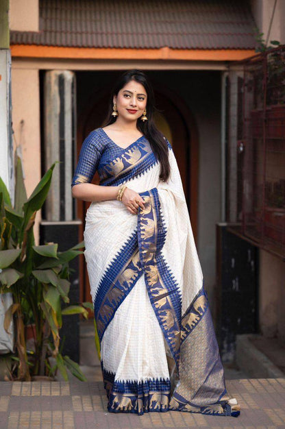 "Sapphire Elephants: The Charming White and Pink Saree"