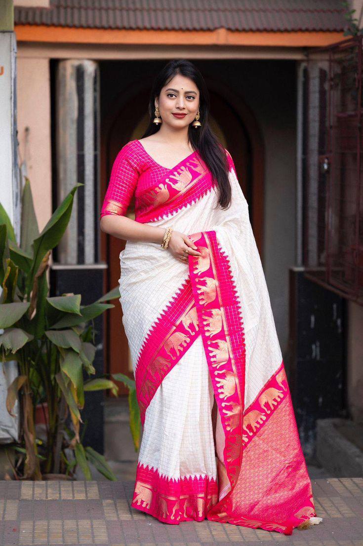 "Sapphire Elephants: The Charming White and Pink Saree"