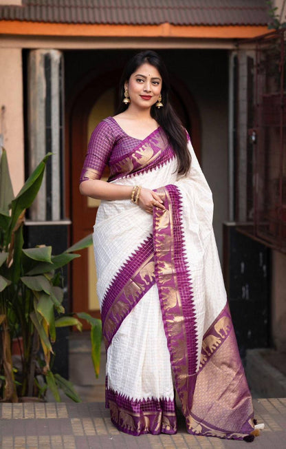 "Sapphire Elephants: The Charming White and Pink Saree"