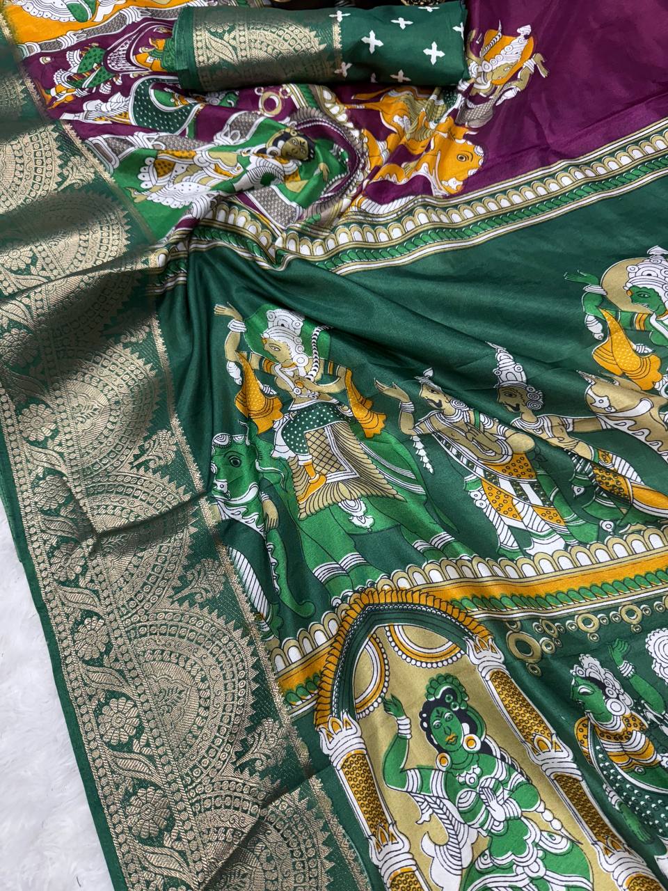 "Mythic Radiance: The Green Kaleidoscope of Legends Saree"