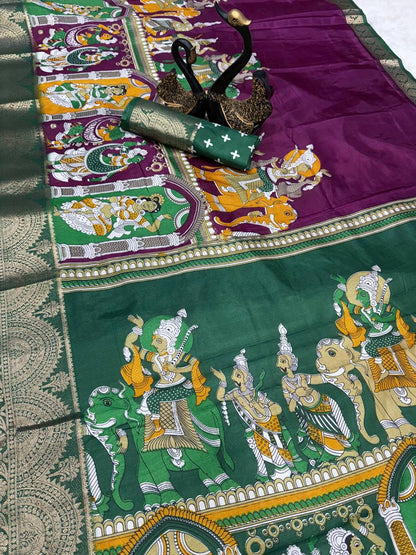 "Mythic Radiance: The Green Kaleidoscope of Legends Saree"