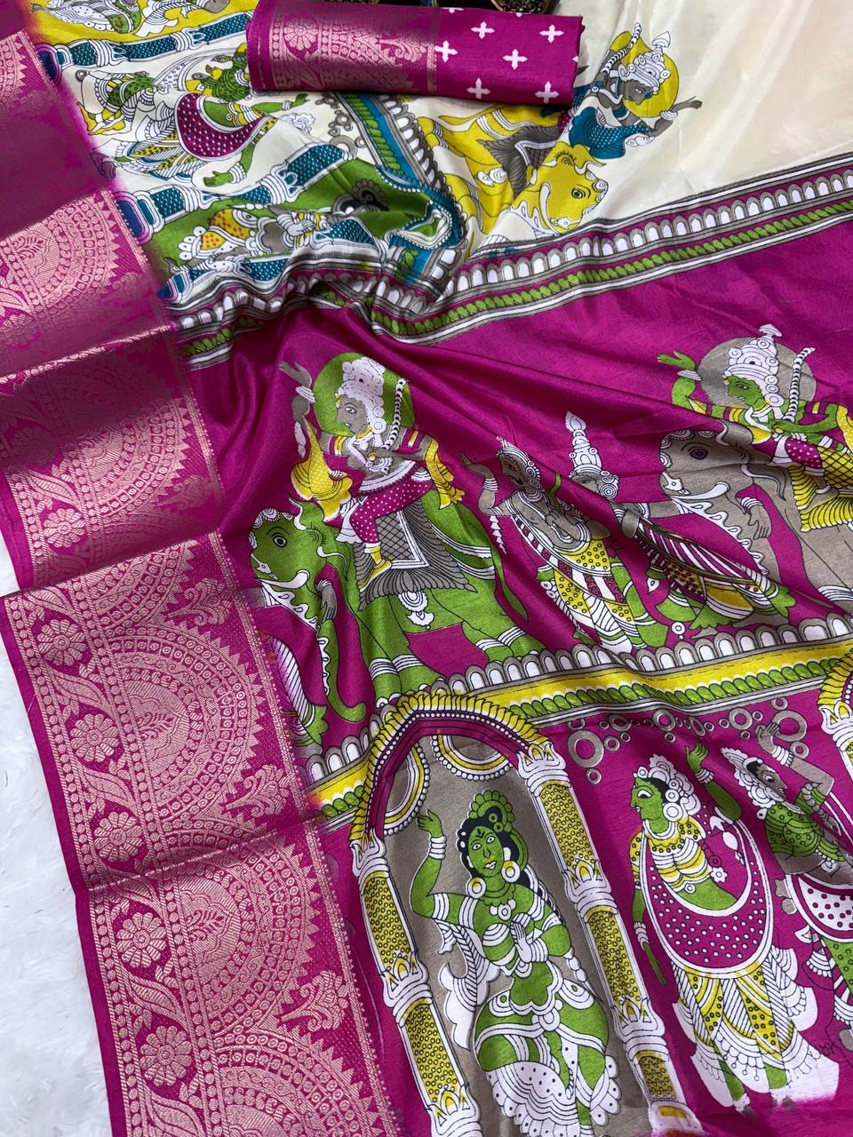 "Mythic Radiance: The Green Kaleidoscope of Legends Saree"