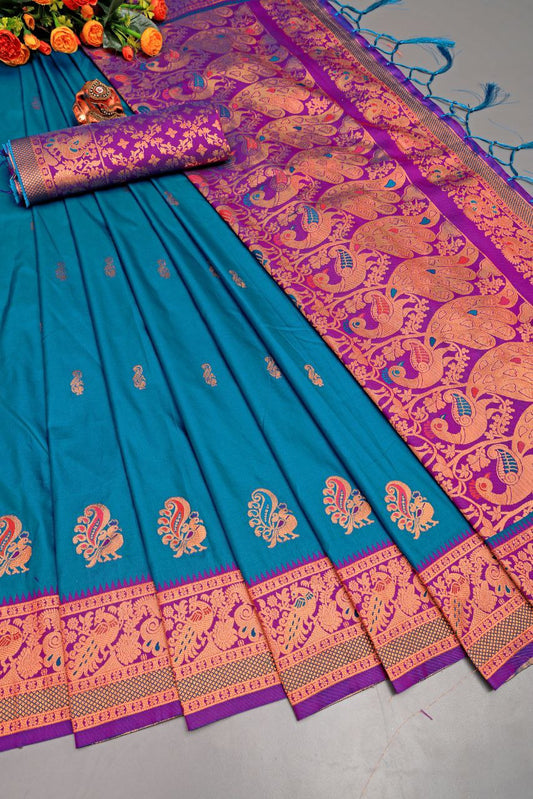 "Heavenly Twilight: The Sky Blue and Purple Paithani Silk Drape Saree"