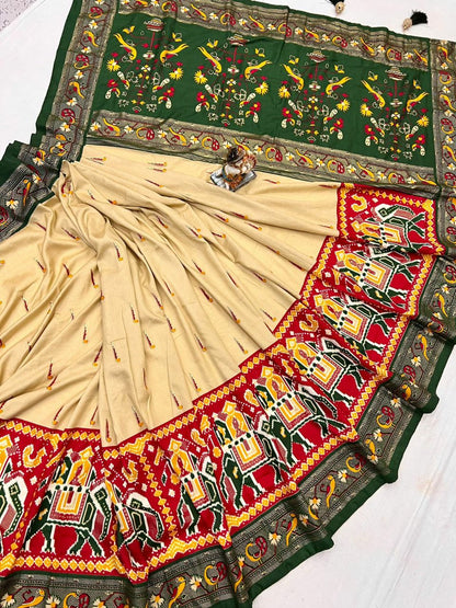 "Heritage Charm: Beige and Green Border with Red Patola Paithani Saree"