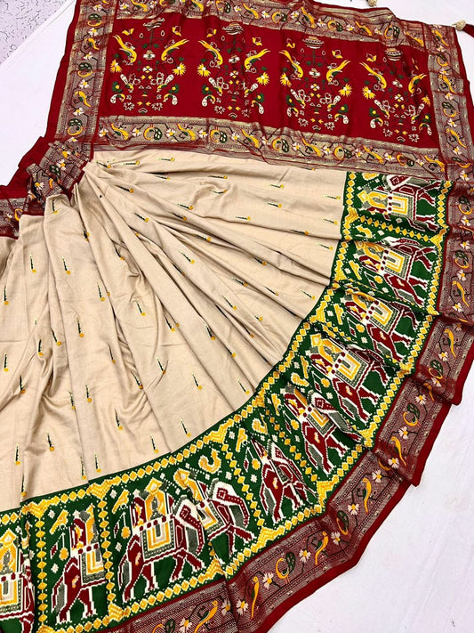 "Heritage Charm: Beige and Green Border with Red Patola Paithani Saree"