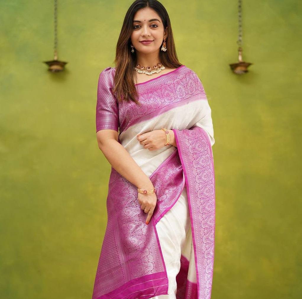 "Cherry Ivory: The Captivating White and Pink Silk Attire Saree"