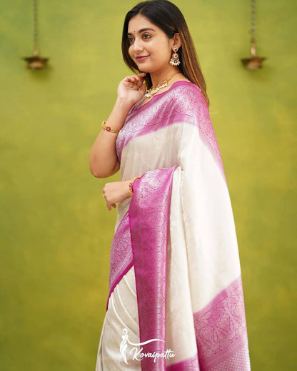 "Cherry Ivory: The Captivating White and Pink Silk Attire Saree"