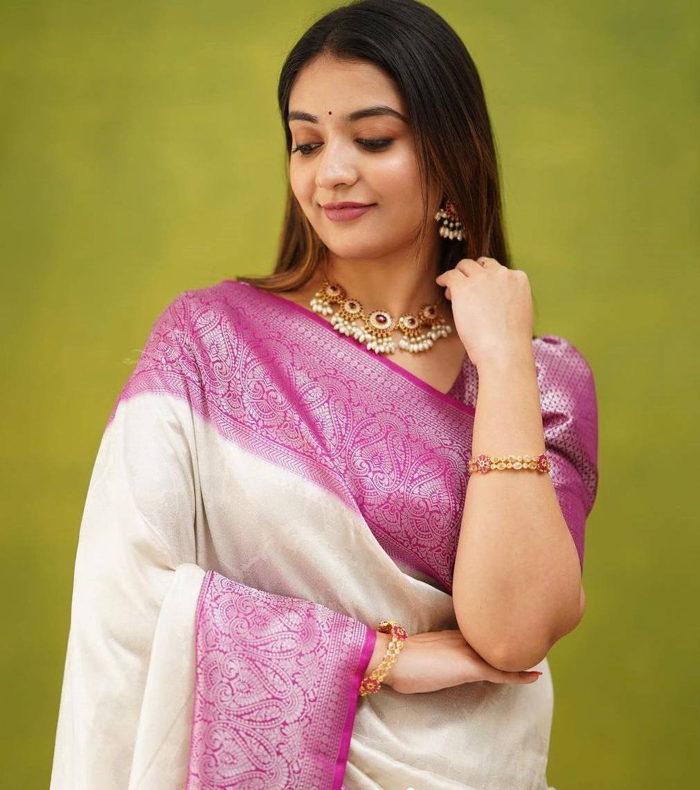 "Cherry Ivory: The Captivating White and Pink Silk Attire Saree"