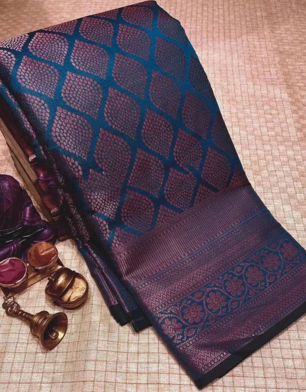 "Blue Velvet: Premium Silk Saree with Leaf and Floral Designs"