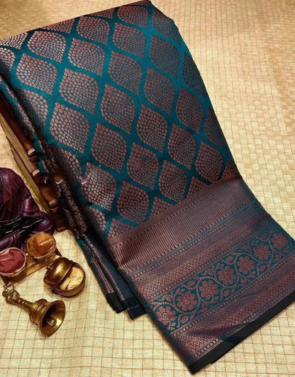 "Blue Velvet: Premium Silk Saree with Leaf and Floral Designs"