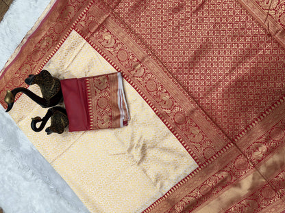 "Regal Rose: The Stunning Cream and Red Silk Drape Saree"