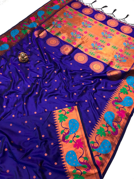 "Luxurious Navy Blue Paithani Silk Saree with Rich Floral Patterns"