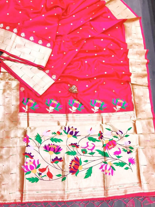 "Vermillion Grace: Red Paithani Silk with Rich Golden Embellishments"