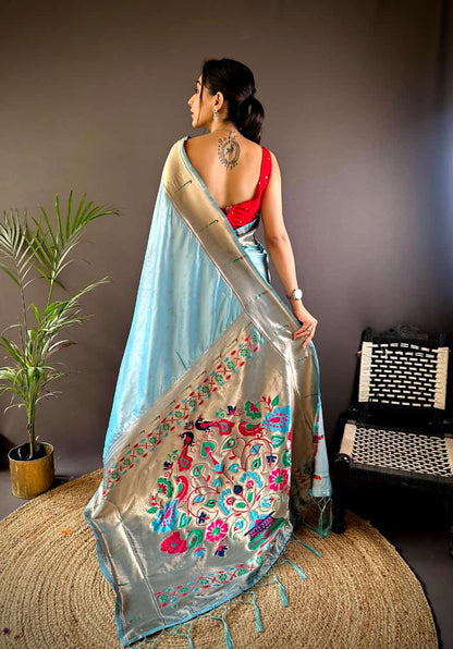 "Elysian Sky: Sky Blue Paithani Silk Creation"