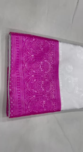 "Cherry Ivory: The Captivating White and Pink Silk Attire Saree"